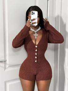 SHEIN BamGlam جمبسوت قصيرة مطابقة للمرأة، كم طويل وياقة على شكل حرف V، لون بيج فاتح أحادي اللون، إغلاق نصف أزرار، جمبسوت كاجوال فينتاج أنيقة - كاكي - مشاهدة 7