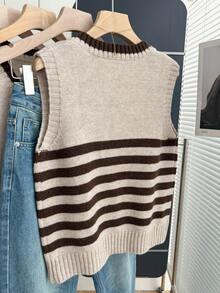 Franclia 休闲宽松V领无袖针织撞色条纹毛衣背心，秋冬款 - 卡其色 - 查看 2