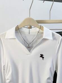 INAWLY Polo 领女式骑士印花收腰修身长袖白色 T 恤，适合秋季，新款，时尚 T 恤，节日礼物，送给兄弟姐妹的礼物，送给姐妹的礼物，送给妈妈的礼物，母亲节礼物，休闲，简约，时尚上衣 - 白色 - 查看 4