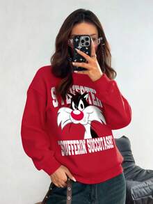 LOONEY TUNES X SHEIN Women's Letter & Cartoon Graphic Crew Neck Long Sleeve Red Thermal Sweatshirt