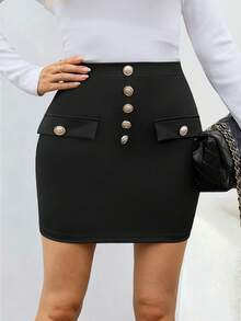 EMERY ROSE 女士黑色纽扣高腰紧身迷你裙 - 黑色 - 查看 6