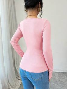 Elenzga Áo thun dài tay nữ tối giản đính nơ, kiểu dáng thoải mái, thích hợp mặc hàng ngày vào mùa xuân. - Hồng - Xem 2