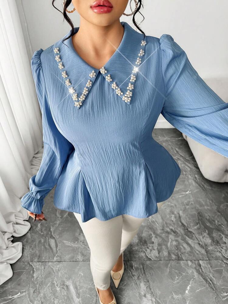 SHEIN Elenzya بلوزة نسائية ذات ياقة لؤلؤية أنيقة للسفر والتنقل للمقاسات الكبيرة - الأزرق - مشاهدة 3