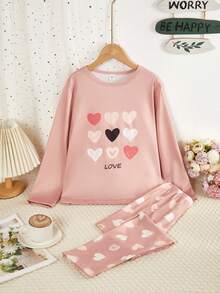 2pcs/Set Girls Plaid Pants & English Letter Print Long Sleeve Casual Homewear Set Pajama Sets Hearts - Multicolor - View 6
