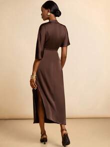 SHEIN Veneréa Women's Asymmetrical High Neck Satin Dress, Black - Chocolate Brown - View 2