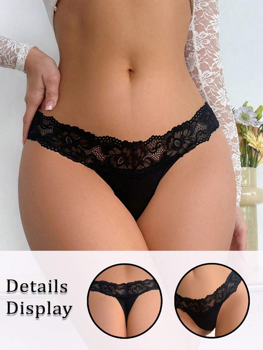 SHEIN 1pc Women Lace Splicing Seamless Panties - Black - View 1