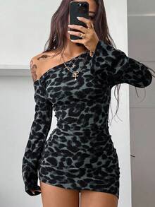 Coolane Women's Winter New Year Eve Date Night Concert Outfit Y2K Party Rib Knit Graphics Leopard Ruched Asymmetrical Neck Slim Fit Mini Dress For Elegant - Blue - View 1