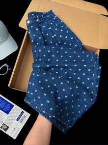 Comfortcana 女士休闲通勤爱心印花褶皱宽松阔腿牛仔裤 - 深色水洗藍 - 查看 5