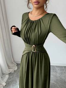 Elenzga Đầm dài tay xếp ly cổ tròn màu trơn thanh lịch dành cho nữ - Màu xanh Ô liu - Xem 6