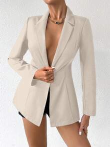 SHEIN Raffinéa Women's Simple Solid Color Peak Collar Waist Fitted Blazer,Elegant Beige Autumn Work Commute Summer,Vacation - Apricot - View 5