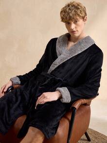 EverLounge 撞色加绒男士长袍，腰部系带，长袖，冬季家居服 - 黑色 - 查看 3