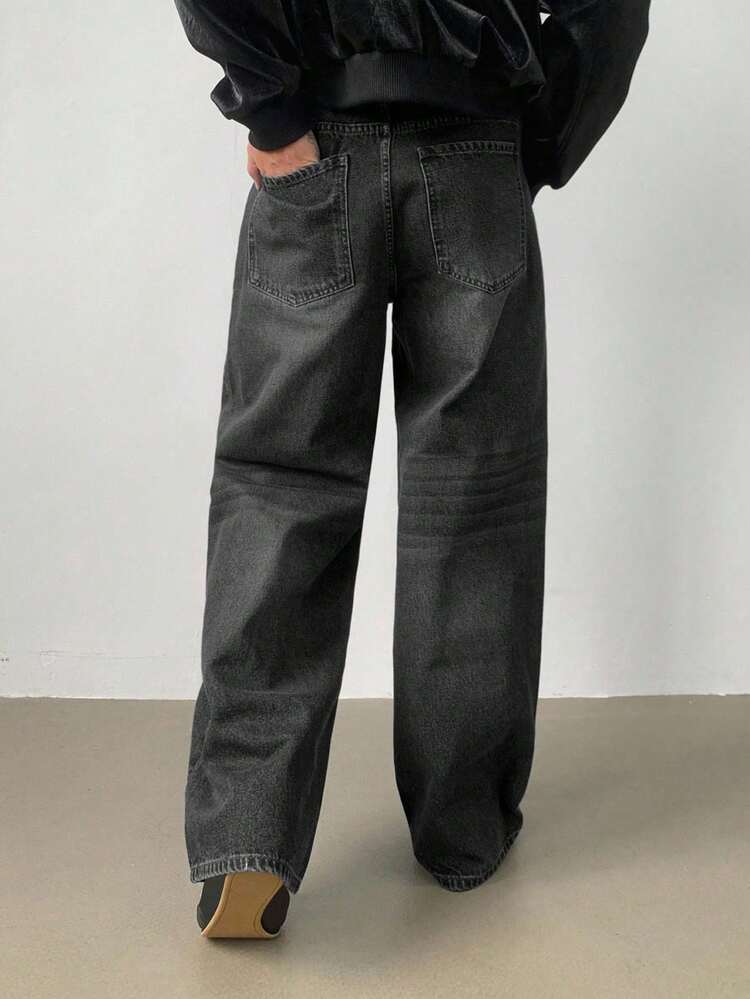 Men's Distressed Washed Dark Blue Denim Jeans, Autumn