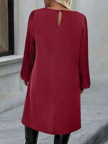 EMERY ROSE Gaun Lengan Panjang Berlipit Warna Polos untuk Kasual/Perjalanan Musim Gugur Ukuran Plus - Burgundy - View 2