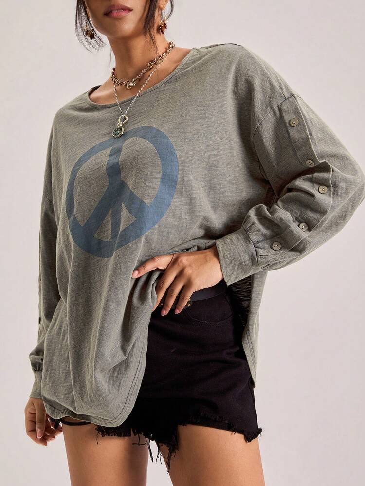 Freevana プラスサイズ レディース カジュアル デイリー通勤ファッション ストリート ピースサイン プリント ドロップショルダー ルーズ ボタン 長袖トップス、春秋 - オリーブグリーン - 見る 5