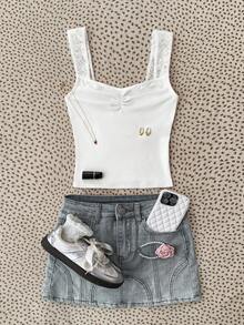 Teen Girl Spring/Summer New Y2K Fashion Pure White Ruffled Lace Strap Tight Knit Camisole, Basic Crop Top - White - View 7