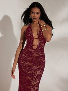 Opulessa Vacation Solid Color Knit Lace Halter Deep V-Neck Cold Shoulder Dress For Women,Party Dresses Date Night Red Wine Plunge - Red - View 6