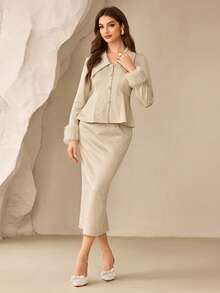 Modelyn Bộ trang phục hai mảnh thanh lịch và thời trang, thích hợp cho những chuyến đi chơi vào mùa thu/đông - Màu be - Xem 6