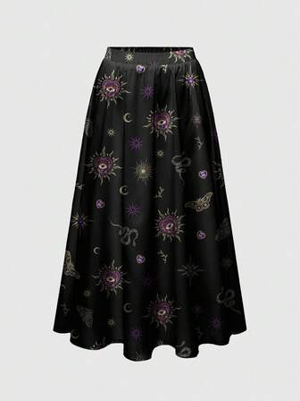 Goth Gotischer dunkelvioletter Herz-, Schlangen- und Kreuz-Edelstein-Herz-Muster Loose Fit Große Größen Rock