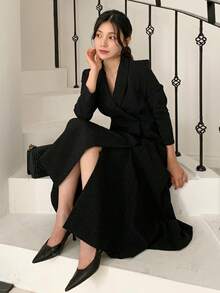 DAZY Đầm maxi nữ thanh lịch, trang nhã, đơn giản, đa năng, màu trơn, cổ shawl, cài cúc hai hàng, eo thon. - màu đen - Xem 3