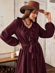 Wildy Đầm midi dài tay kiểu BOHO phong cách đồng quê miền Tây giản dị với viền bèo nhún dành cho nữ, trang phục cơ bản hàng ngày cho mùa thu/đông. - Màu Tím - Xem 8