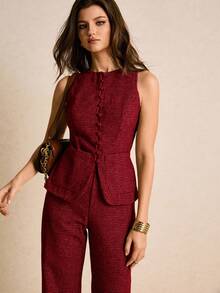 Poéselle Bộ 2 món áo không tay cổ tròn màu trơn và quần ống loe thanh lịch dành cho nữ - Đỏ - Xem 2