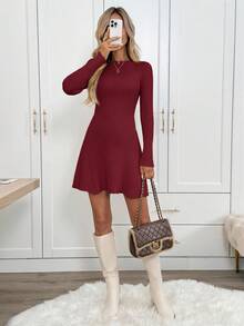 SHEIN LUNE Robe pull ajustée style trapèze couleur abricot pour femme, style décontracté - Rouge foncé - Voir 3