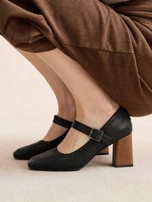 Rosivie 女式方头粗跟黑色法式复古带扣高跟鞋，适合办公室和户外穿着，四季皆宜 - 黑色 - 查看 4