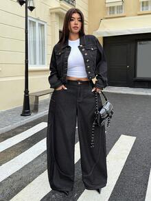 Jeanoix Plus Size Women's Fashionable Casual Washed Jacket - Black - View 4