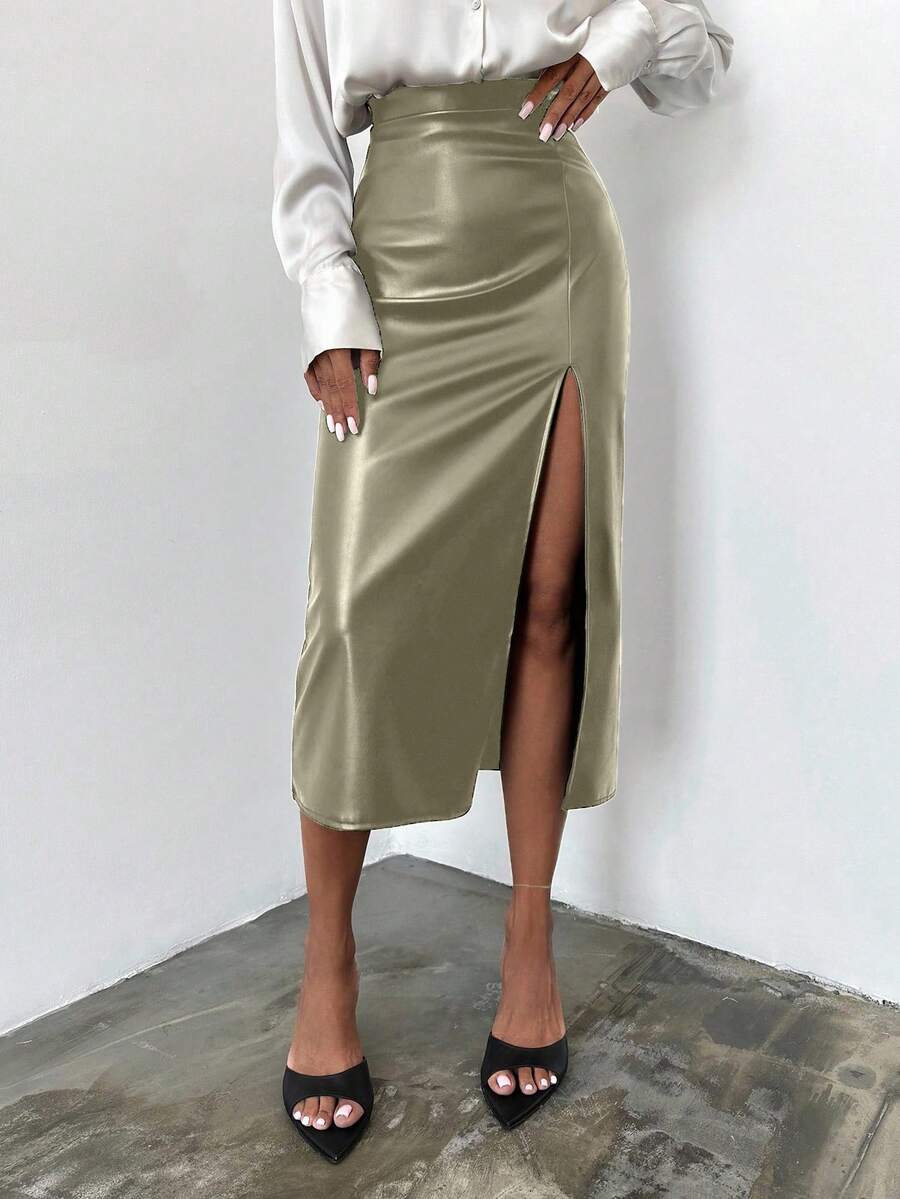 SHEIN Cottnline Zipper Fly Split Thigh Skirt - Green - View 1