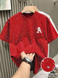 Claim Dot Men's Letter Print Metallic Silver Round Neck Casual Versatile Short Sleeve T-Shirt Red Graphic Tee Silver-Stamped Fabric Mens Printed T-Shirt