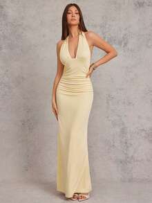 L'Amorae Elegant Low Neck Halter Tie Back Ruched Waist Butter Yellow Maxi Dress - Light Yellow - View 3