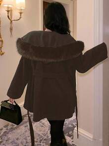 DAZY Women's Elegant Wool Collar Belted Wool Blend Coat, Autumn/Winter - Brown - View 2