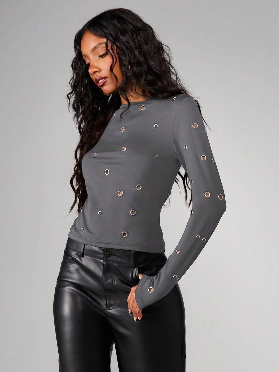 MISSGUIDED 镂空细节长袖上衣,饰有金属孔眼,圆领修身衬衫,适合秋冬季休闲叠穿 - 灰色 - 查看 1