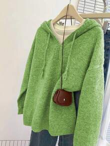 SHEIN Franclia Áo len dệt kim dài tay màu xám cơ bản, dáng rộng, có mũ trùm đầu, dành cho nữ, mùa thu/đông - màu xanh lá - Xem 4