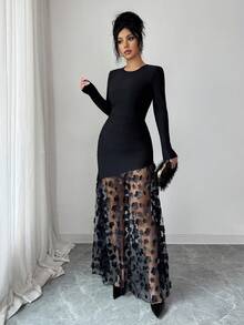 Rafferiza 女士圆领长袖拼接贴花网纱下摆优雅连衣裙 - 黑色 - 查看 4