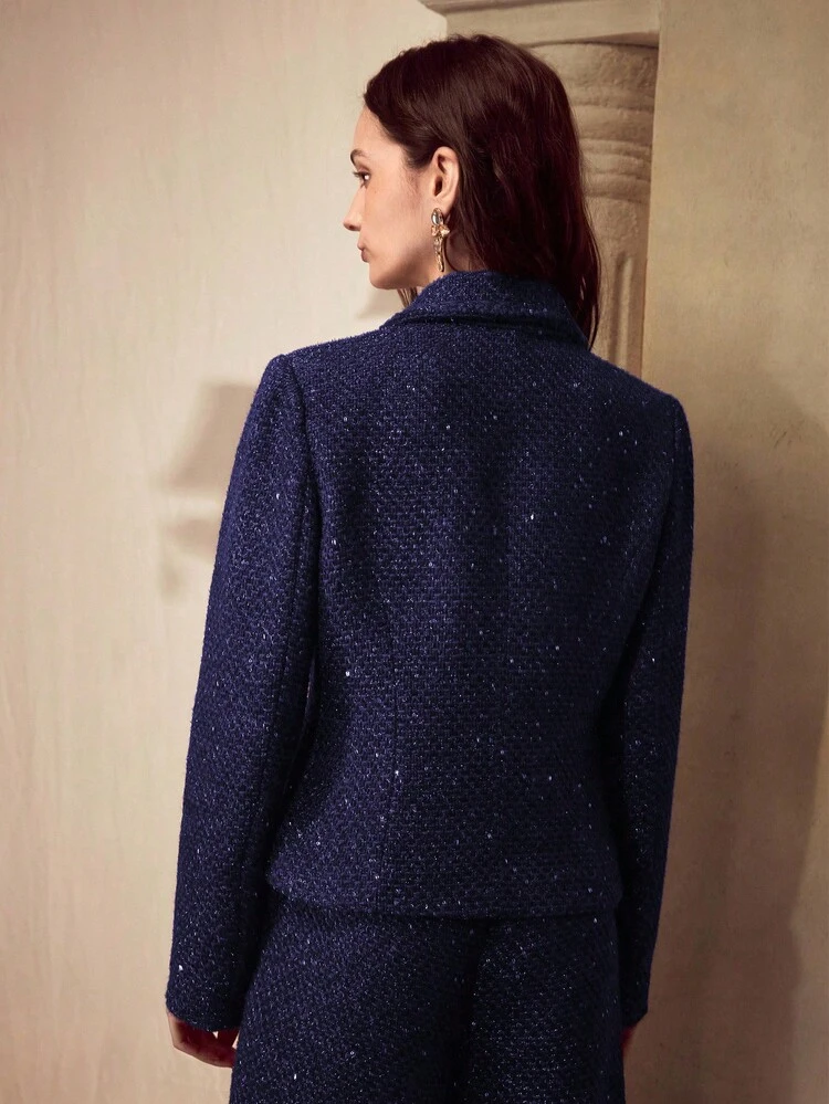 AUTUMN/WINTER FRENCH TWEED SEQUIN DETAIL LAPEL COLLAR LONG SLEEVE FITTED SHORT WOMEN'S BLAZER