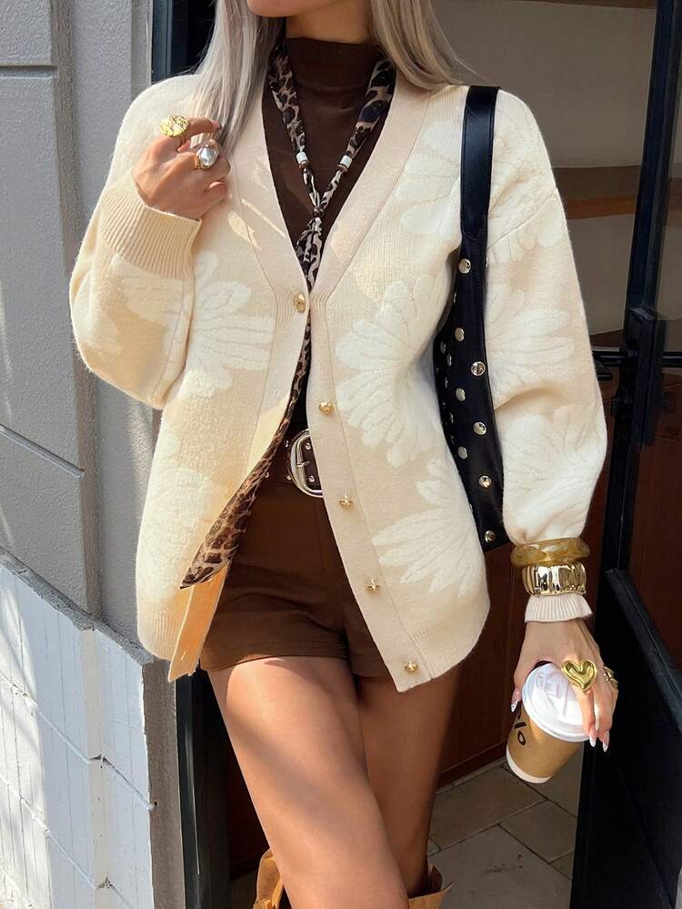 Women's V-Neck Jacquard Single-Breasted Long Sleeve Cardigan, Fashionable & Versatile For Autumn/Winter
