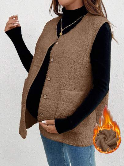 SHEIN 孕妇休闲日常通勤简约纯色泰迪绒无袖背心外套，秋冬季