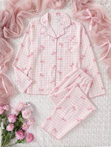 2件套少女杏色蝴蝶印花长袖开衫和裤子休闲舒适家居服 - 彩色 - 查看 4