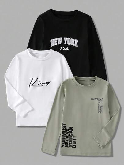 Vacaura Set de 3 camisetas de manga larga con cuello redondo y estampado gráfico de letras casuales para niños pequeños, adecuadas para primavera, otoño, invierno, uso diario, al aire libre, escuela, reuniones casuales, mercado