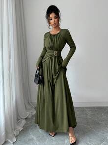 Elenzga Đầm dài tay xếp ly cổ tròn màu trơn thanh lịch dành cho nữ - Màu xanh Ô liu - Xem 4