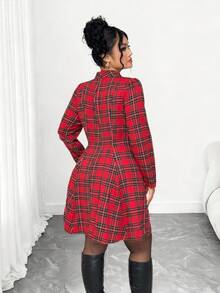 Elenzga Plus Size Women's Christmas Plaid Bow A-Line Mini Dress - Red - View 2