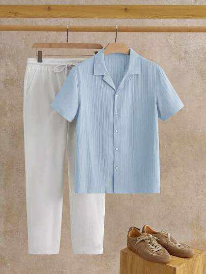 HIMLAND Men's Solid Color Minimalist Casual Short Sleeve Shirt And Pants Set Daily Essential Wardrobe Staple Basic Style All-Match Style Go-To Piece Mix-And-Match Item Casual Versatile Style  Multi-Piece Set 2-Piece Set