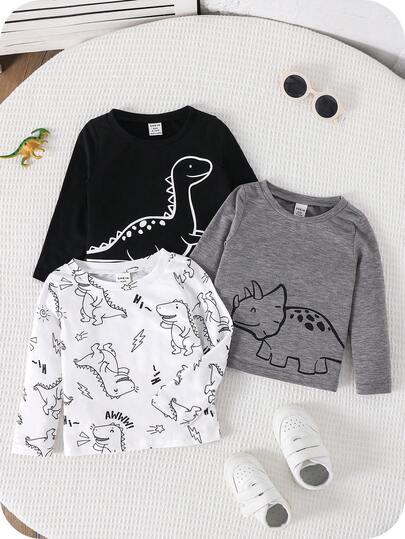 SHEIN Conjunto de 23 piezas de camisetas de manga larga de cuello redondo de unicolor, conjunto de tops de punto para bebé niño, cómodo, versátil, de moda, casual diario, con lindo estampado de dinosaurio, estilo básico simple, adecuado para interior, exterior, esquí, uso diario, deportes, fiesta, sesión de fotos, vacaciones, otoño/invierno, ropa de bebé niño con dinosaurios