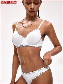 Rest Era Women's Letter Jacquard Underwire Push Up White Bra - White - View 5