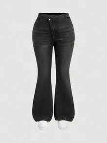 SHEIN CURVE+ Jeans casual versatili da donna taglie forti con vita asimmetrica e tasche - nero - Visualizzare 7