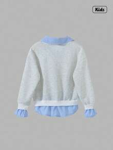 Sweetra Tween Girls' Casual Sweatshirt, Versatile School/Commute Style, 2 In 1 Sweatshirt With Shirt Collar, Numeric & Letter, Leopard Print, Loose Fit Preppy Clothes California Sweatshirt Layered Sweatshirt Aesthetic Clothes Fall Winter - Grey - View 2