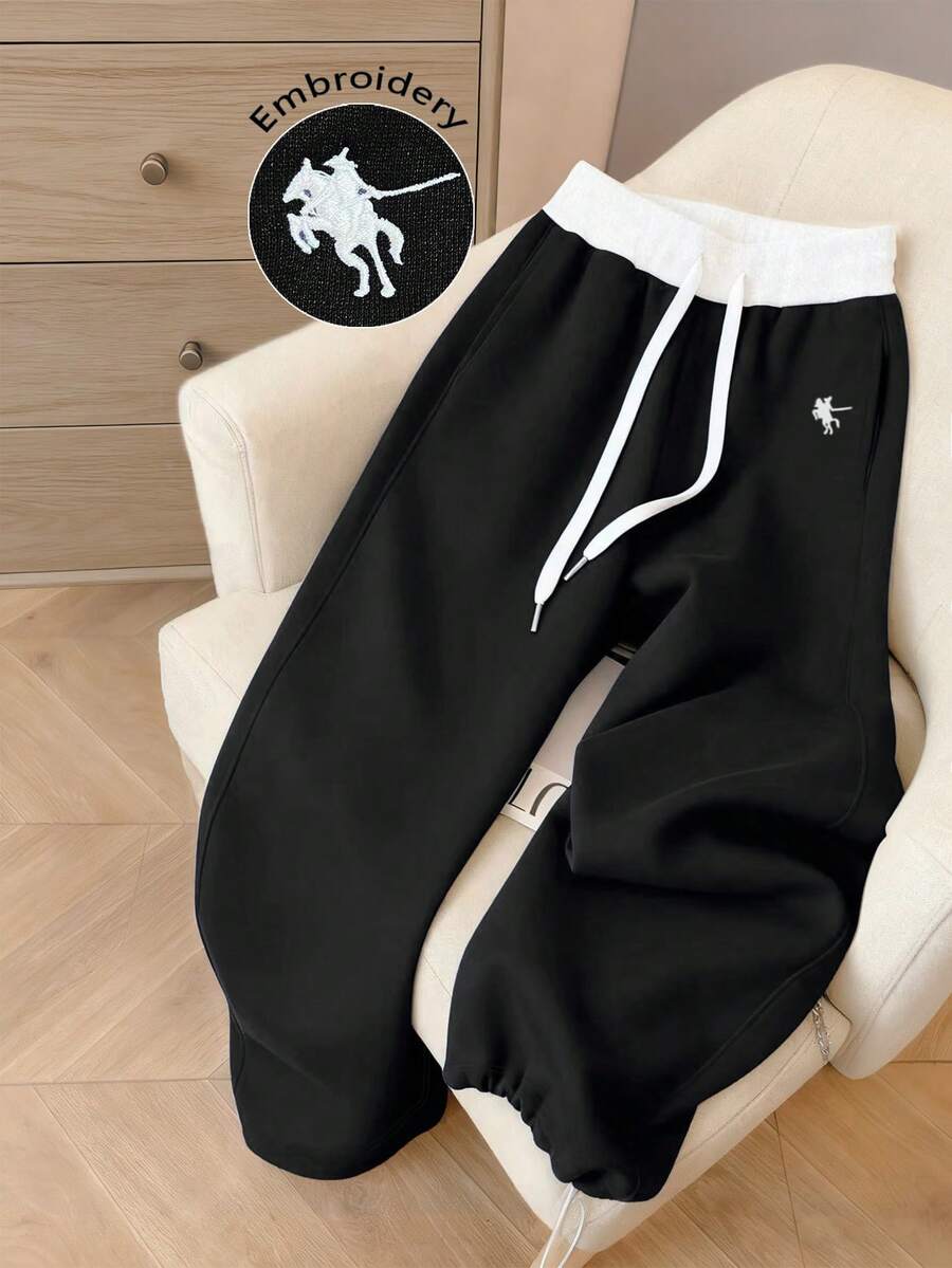 Resyla 女士撞色刺绣抽绳腰休闲宽松运动裤 - 黑色 - 查看 1