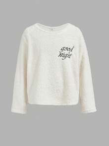 Tween Girl Loose Casual Minimalist Comfortable Round Neck Long Sleeve Fleece Top & Plaid Pants Pajama Set - Brown - View 8