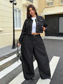 Jeanoix Plus Size Women's Fashionable Casual Washed Jacket - Black - View 6